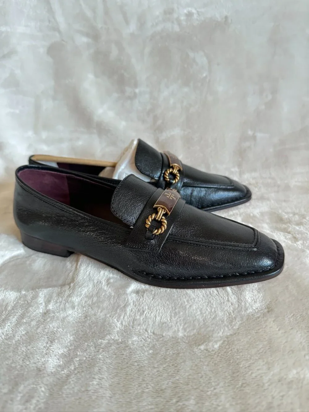 NIB Tory Burch Perrine Loafer Shoes Square Toe Logo Leather In Black Size 7